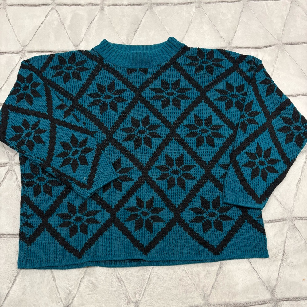 Vintage Grannycore Winter Teal 3/4 Sleeve Snowflake Knit Womens Sweater Sz 22w